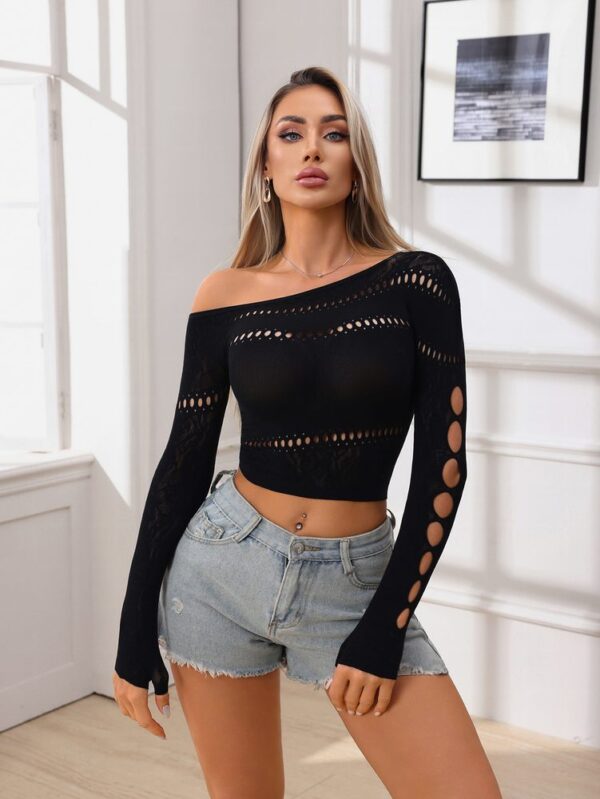 black cutout knit slim fit slimming long sleeve top view 3 Black Cutout Knit Slim Fit Slimming Long Sleeve Top detail 3
