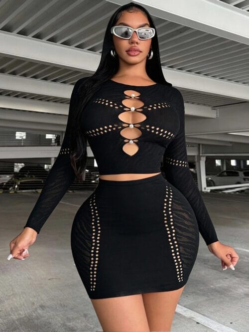Black Pearl Cutout Knit 2-Piece Set European Long Sleeve