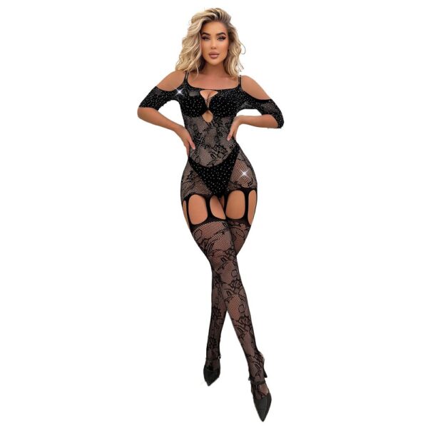 black rhinestone long sleeve see through bodystocking high stretch cutout view 5 Black Rhinestone Long Sleeve See-Through Bodystocking High-Stretch Cutout detail 5
