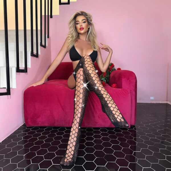 European Crystal Cutout Open-Crotch Sheer Cami Strap Fishnet Tights detail 2