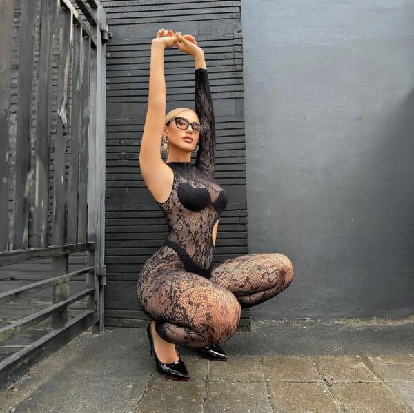 Crystal See-Through Lace Bodystocking Long Sleeve Cutout - detail