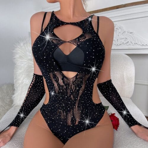 Cutout Rhinestone Lingerie Black Fishnet