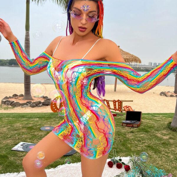 european easy access plus size rainbow striped cutout lingerie view 3 Plus Size Rainbow Striped Cutout Lingerie - detail