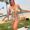 european easy access plus size rainbow striped cutout lingerie view 4 Plus Size Rainbow Striped Cutout Lingerie - detail