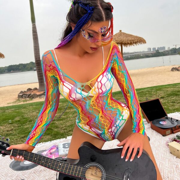 european easy access plus size rainbow striped cutout lingerie view 3 Plus Size Rainbow Striped Cutout Lingerie - detail