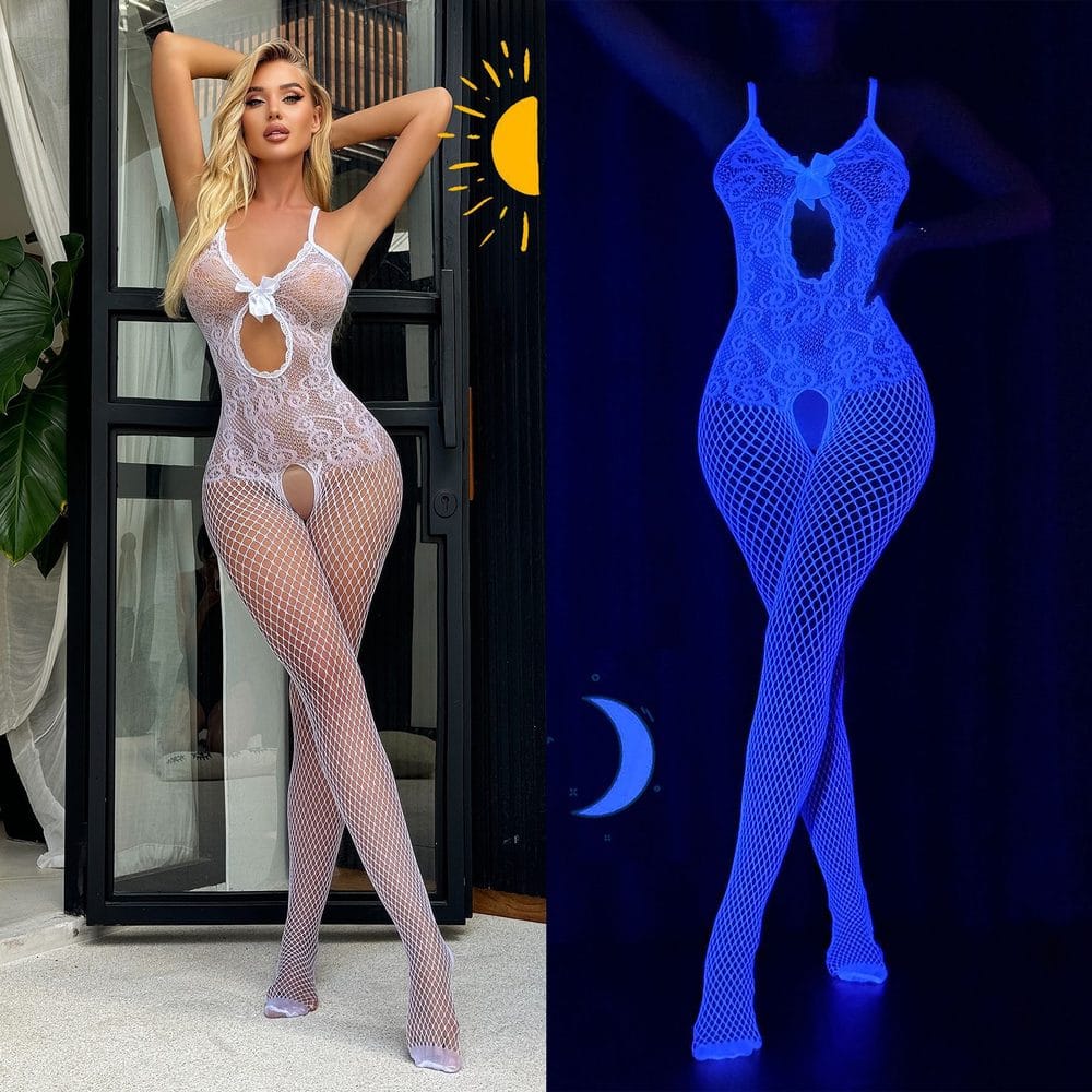 European Glow-In-Dark Cutout Lace Bow Open-Crotch Bodysuit