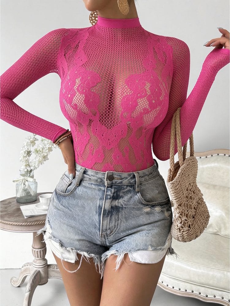 High-Neck Lace Bodystocking Sheer Slim Fit