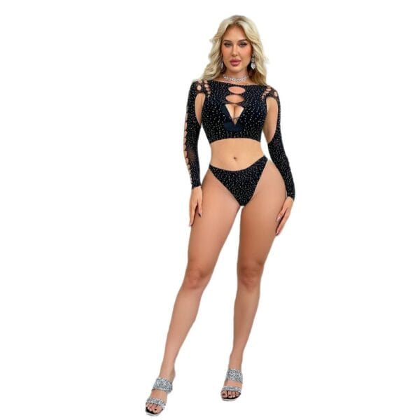 European Hot Girl Rhinestone Cutout See-Through Long Sleeve Top detail 5