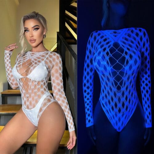 European Neon Cutout Bodystocking Long Sleeve Halter Glow-In-Dark