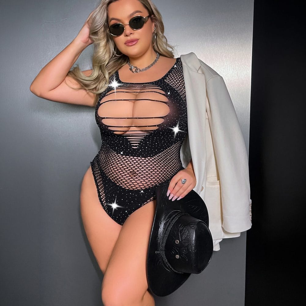 Plus Size Crystal Cutout Fishnet Bodystocking