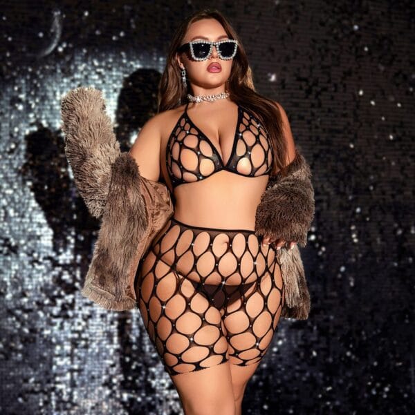 European Plus Size Sexy Crystal Fishnet Cutout 2-Piece Set