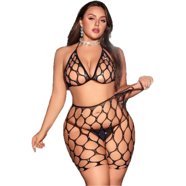 European Plus Size Sexy Crystal Fishnet Cutout 2-Piece Set detail 5