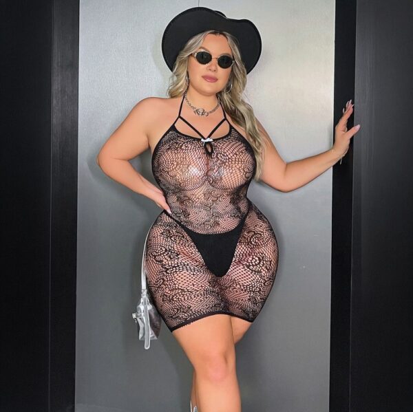 european plus size sexy cutout bow fishnet dress view 2 Plus Size Cutout Bow Fishnet Dress - detail
