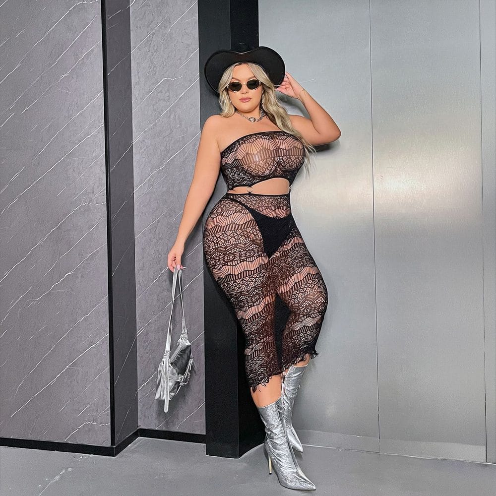 Plus Size Lace Cutout Bandeau Sheer