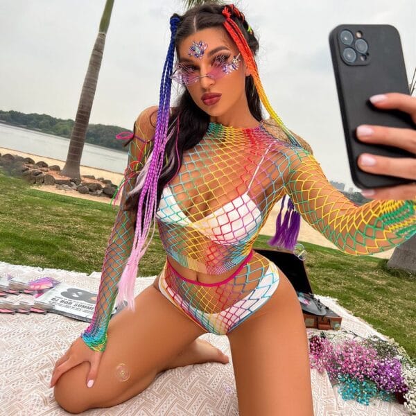 Rainbow Bikini Lingerie High-Neck Fishnet