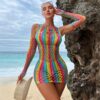Rainbow Striped Dress High-Stretch See-Through Cutout - detail