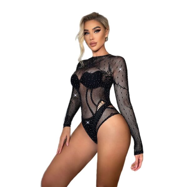 european rhinestone lace striped long sleeve bodystocking sexy view 5 Rhinestone Lace Striped Long Sleeve Bodystocking - detail