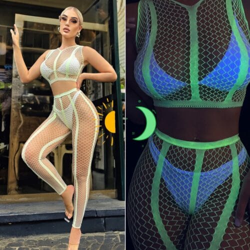 European Seductive Neon Glow-In-Dark Striped Cutout 2-Piece Set