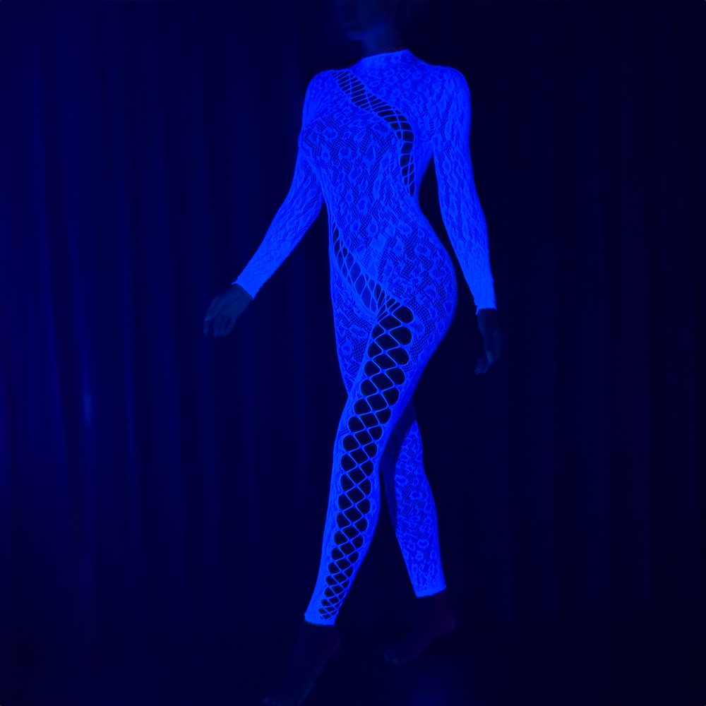 UV reactive glow-in-the-dark rave bodysuit under blacklight from Gallianse