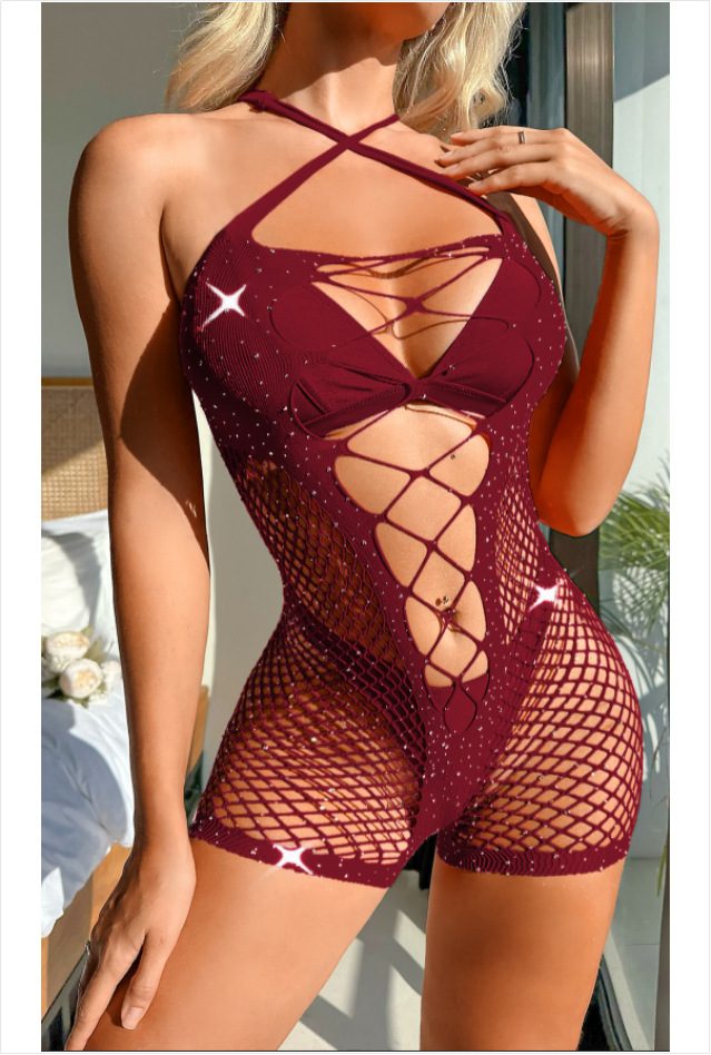 European Sexy Cutout Rhinestone Cross Bandeau Fishnet detail 4