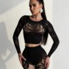 European Sexy Fishnet 2-Piece Set High-Stretch See-Through Long Sleeve detail 2