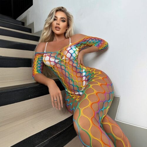 Fishnet Rainbow Cutout Lingerie Open-Crotch