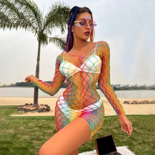 European Sexy Influencer Rainbow Fishnet Lingerie Bikini