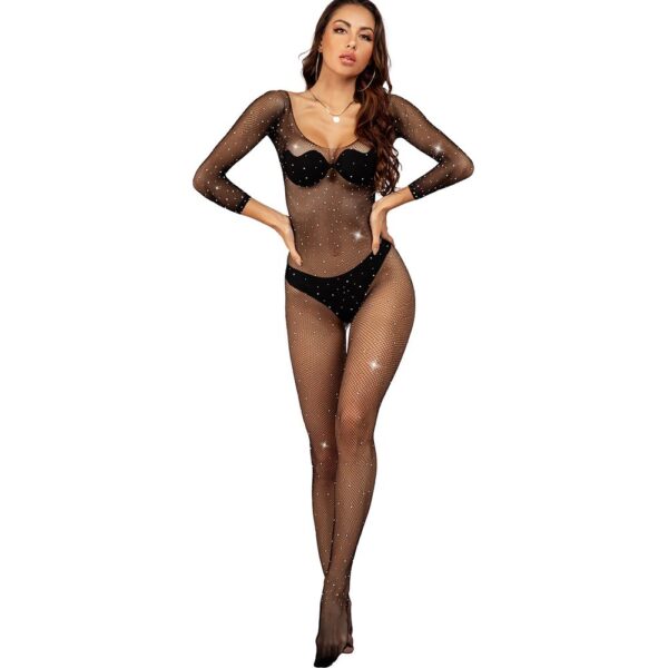 Lingerie Rhinestone Fishnet Long Sleeve Crystal - detail