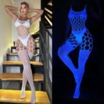 Glow-in-the-dark neon cutout bodysuit under UV light from Gallianse