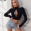 high neck cutout slim fit high waist knit top long sleeve view 4 High-Neck Cutout Slim Fit High-Waist Knit Top Long Sleeve detail 4