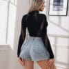 high neck cutout slim fit high waist knit top long sleeve view 5 High-Neck Cutout Slim Fit High-Waist Knit Top Long Sleeve detail 5