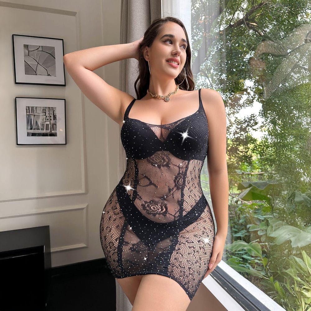Plus Size Bodycon Rhinestone Cutout Fishnet Dress