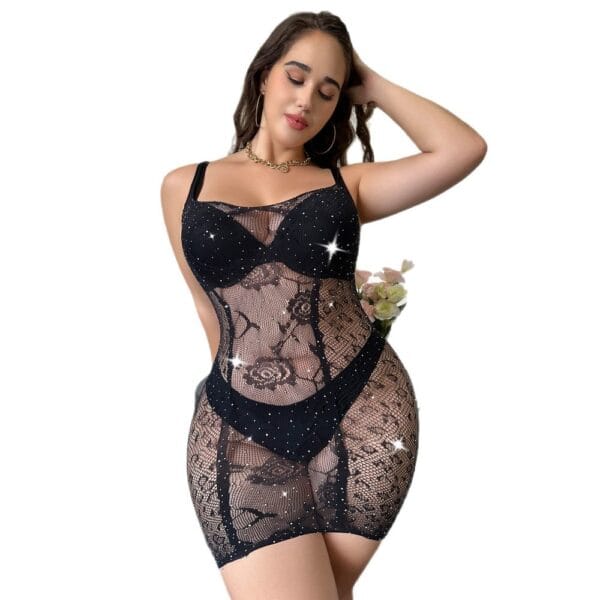 Plus Size Bodycon Rhinestone Cutout Fishnet Dress - detail