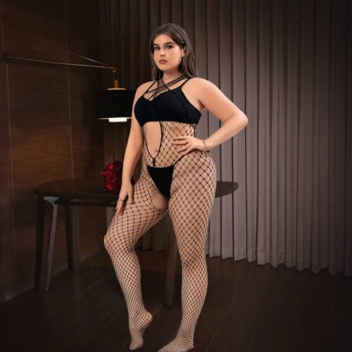Plus Size European Cutout Fishnet Cross Cami Strap Easy-Access