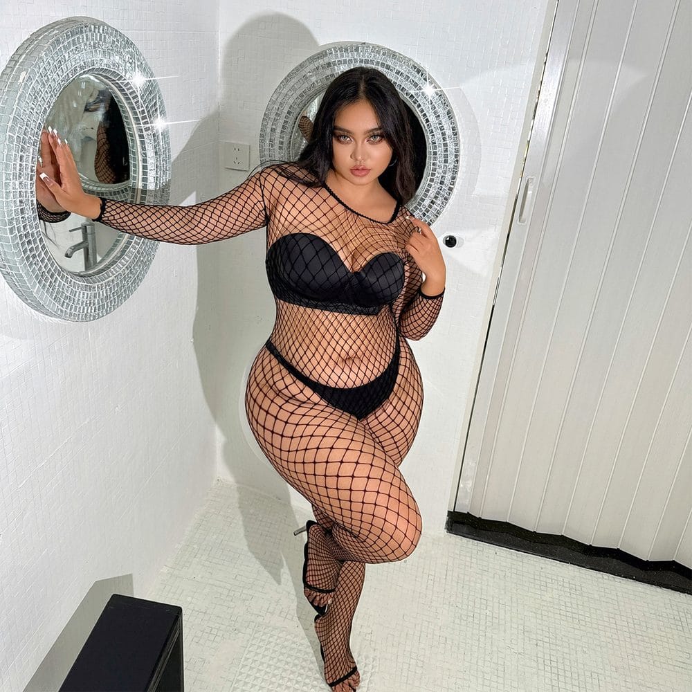 Plus Size Fishnet Open-Crotch Lingerie