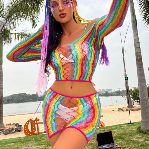 Premium Easy-Access Rainbow 2-Piece Set Fishnet Lingerie Bikini detail 3