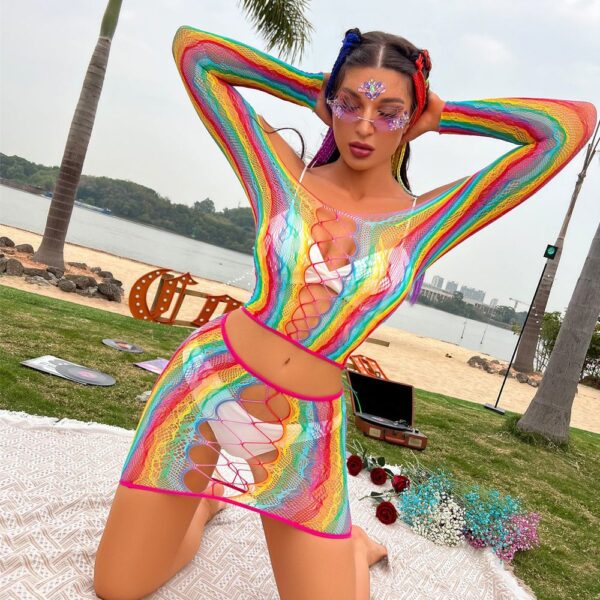 Premium Easy-Access Rainbow 2-Piece Set Fishnet Lingerie Bikini detail 4