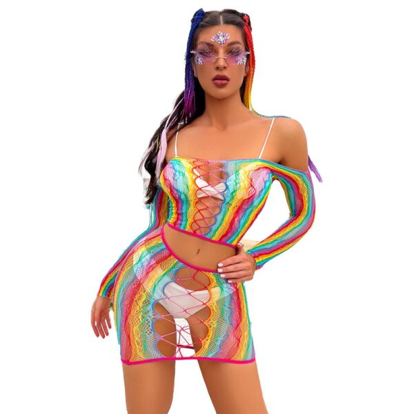Premium Easy-Access Rainbow 2-Piece Set Fishnet Lingerie Bikini detail 5