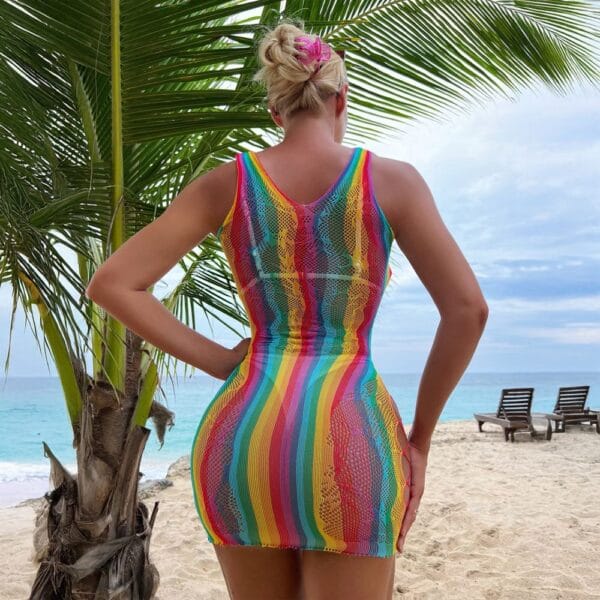 rainbow striped sexy fishnet cutout see through resort view 4 Rainbow Striped Fishnet Cutout See-Through Resort - detail