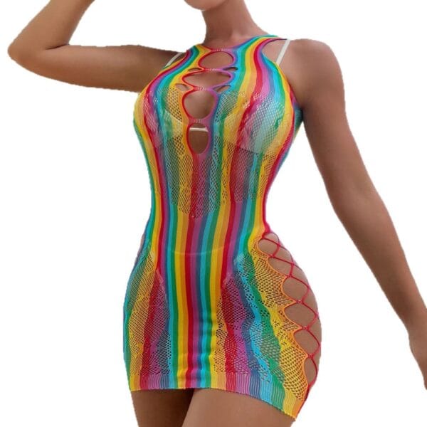 rainbow striped sexy fishnet cutout see through resort view 5 Rainbow Striped Fishnet Cutout See-Through Resort - detail