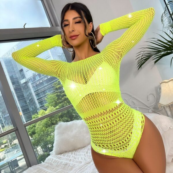 Rhinestone Cutout Bodystocking Long Sleeve Backless Mesh Sexy detail 5