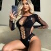Rhinestone Cutout Bodystocking Long Sleeve Backless Sexy Nightclub detail 3