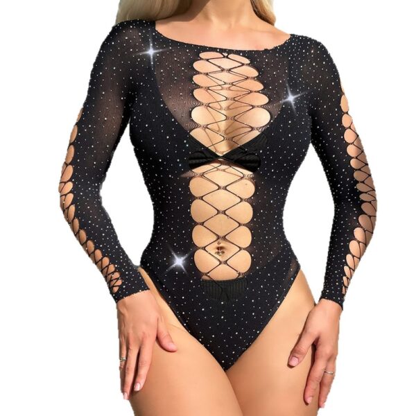 Rhinestone Cutout Bodystocking Long Sleeve Backless Sexy Nightclub detail 5