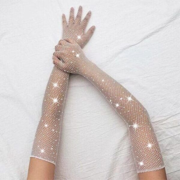 Rhinestone Fishnet Black Gloves - detail