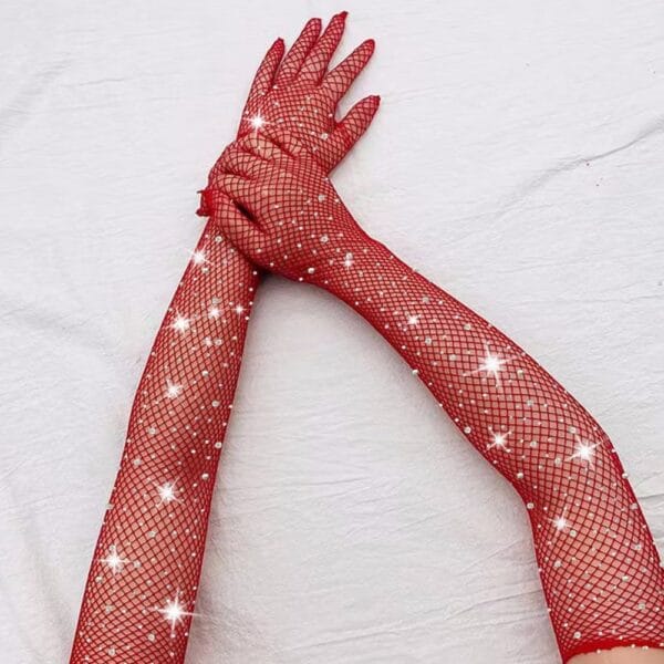 Rhinestone Fishnet Black Gloves - detail