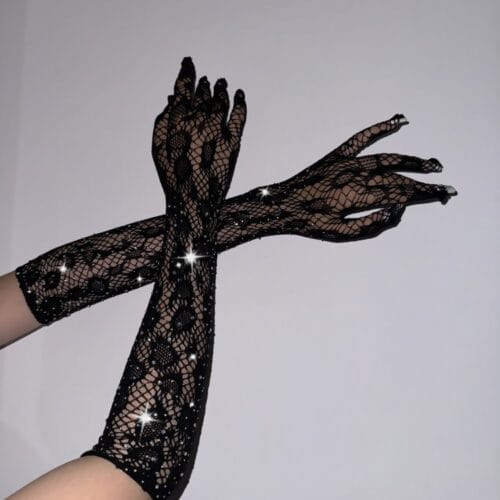 Rhinestone Leopard Fishnet Black Gloves