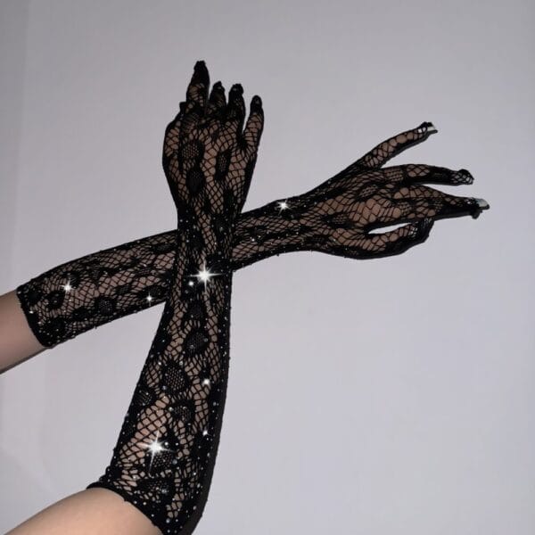 Rhinestone Leopard Fishnet Black Gloves