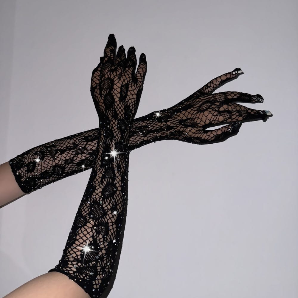 Rhinestone Leopard Fishnet Black Gloves