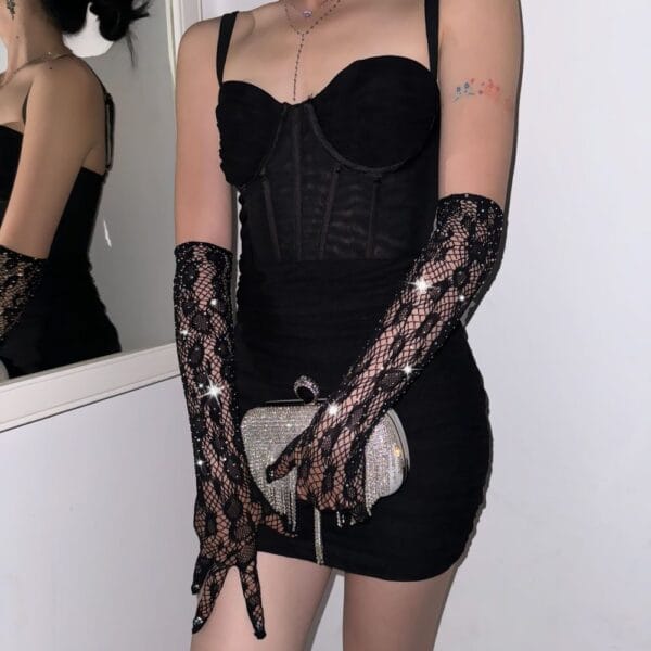 Rhinestone Leopard Fishnet Black Gloves - detail